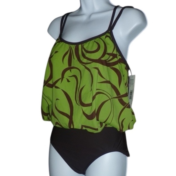 Mainstream Green & Brown One Piece Swimsuit, Blouson, Double Strap, Lined, 8 NWT - Picture 3 of 8